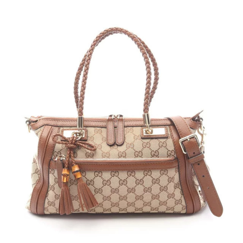 Gucci Bella Bamboo GG Canvas Tote Bag Leather Beige Cream Brown